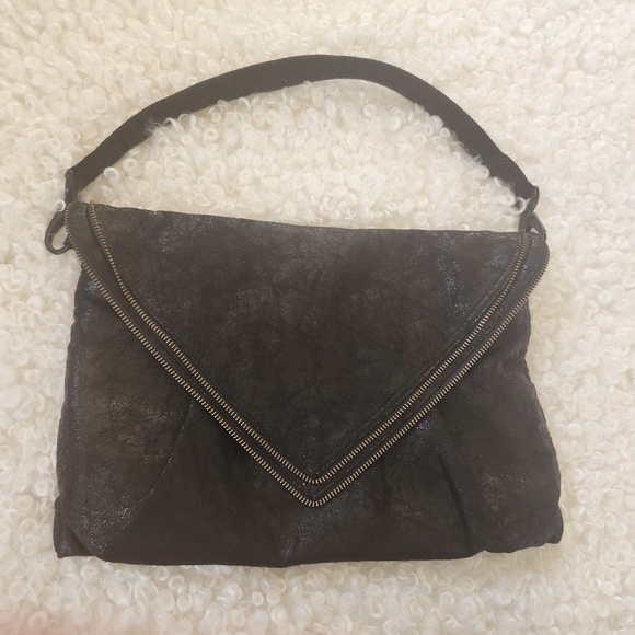 Matt&Nat Black Vegan Large Enveloppe Clutch Zipper Trim Shoulder Satchel handBag - Picture 9 of 15